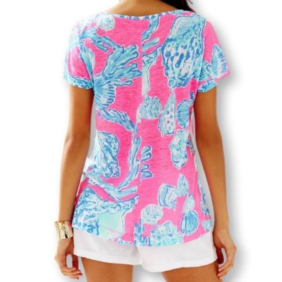 Lilly Pulitzer Mikela Top XXS Linen Pink Pout Barefoot Princess Blue Shells - Picture 1 of 5